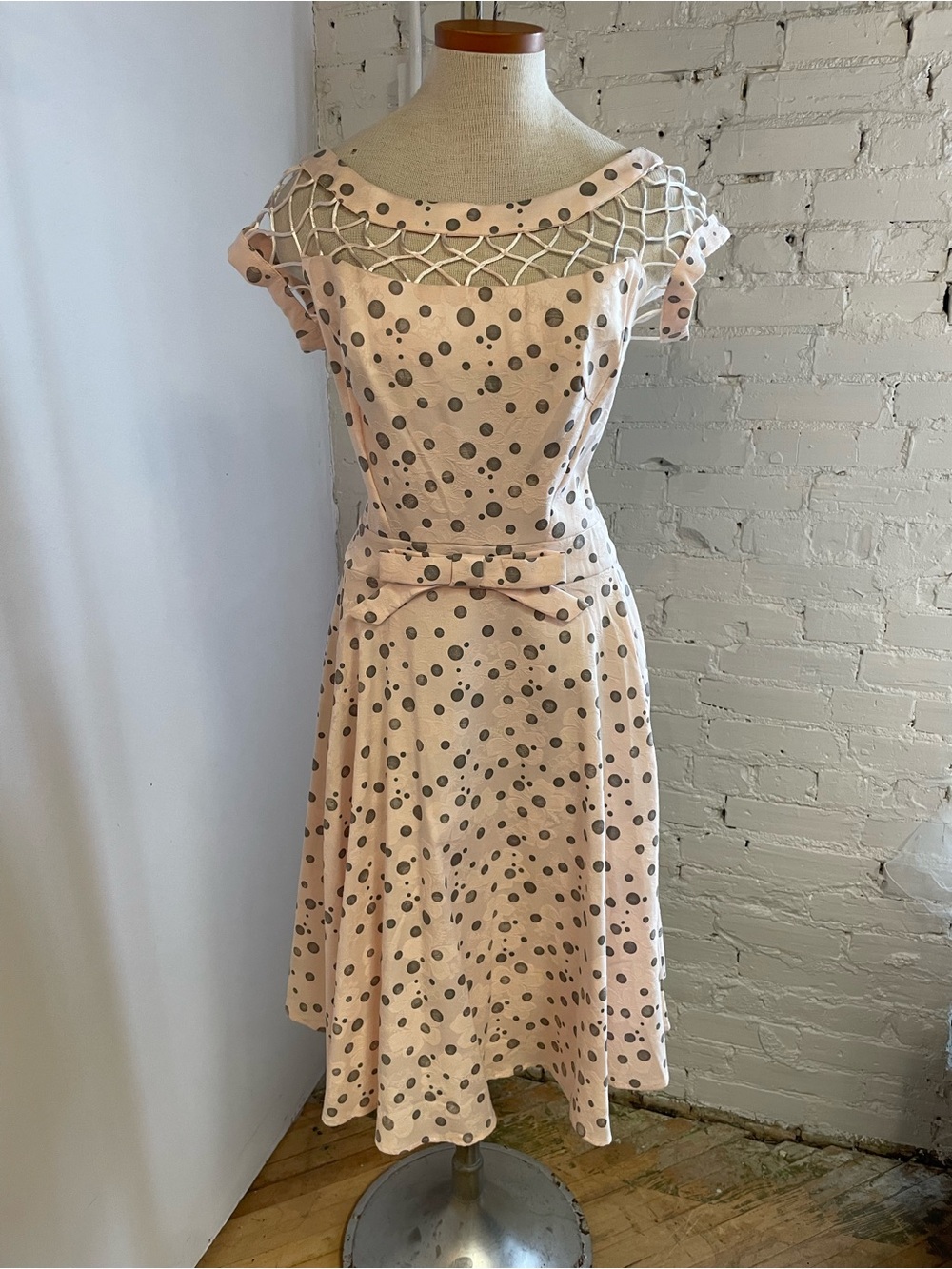 Blush A-Line Dress with charcoal Grey Polka Dots/Illusion Net Neckline/Bow